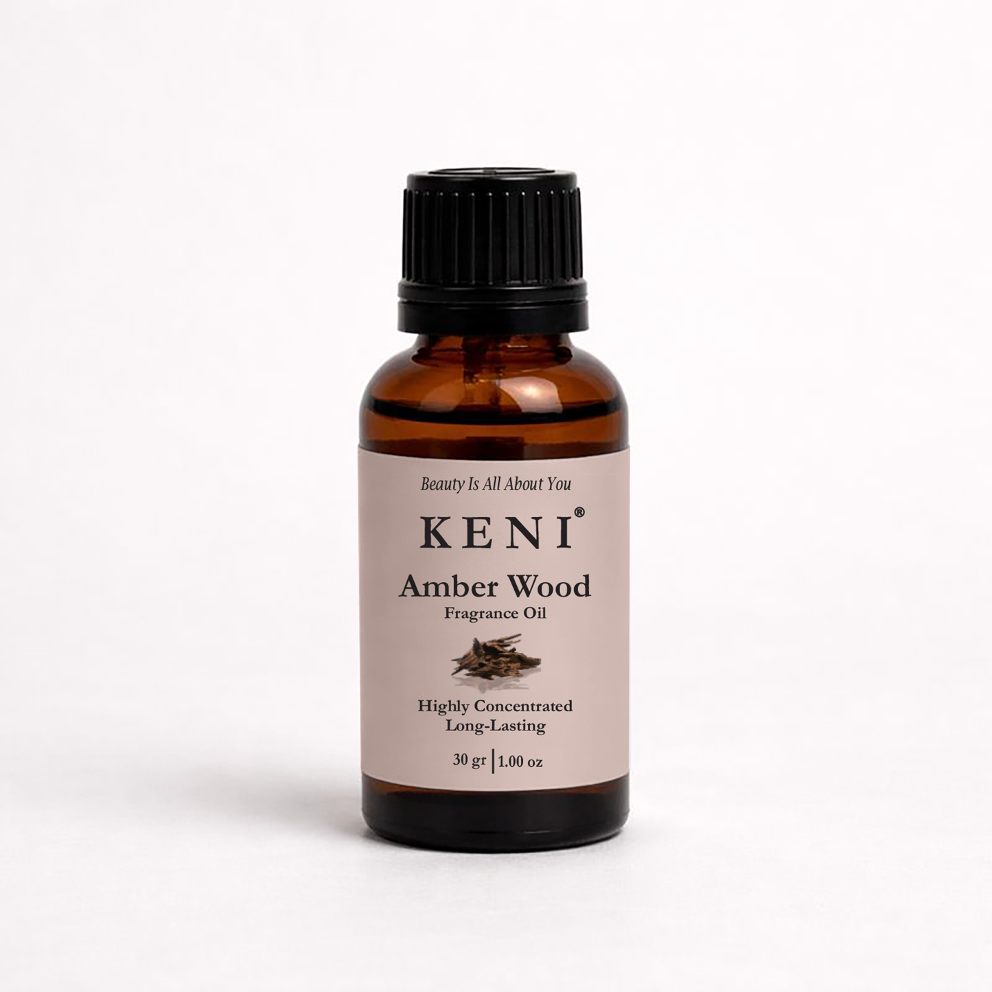 Amber glass bottle of KENI Amber Wood Fragrance Oil on a white background