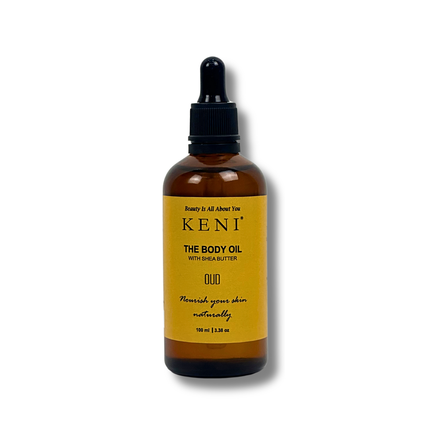 Keni Cosmetics Oud Body Oil – luxurious body oil infused with oud, offering rich moisture and exotic scent