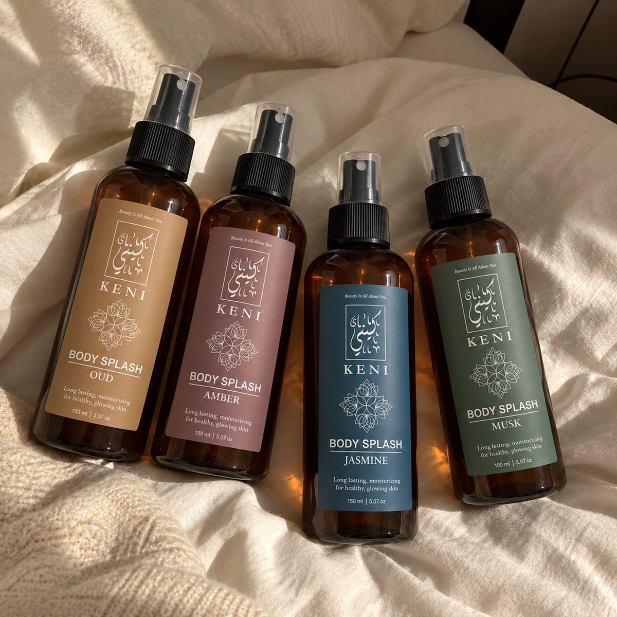 Earthy-toned KENI Cosmetics body splash collection, shared with customers in Lebanon