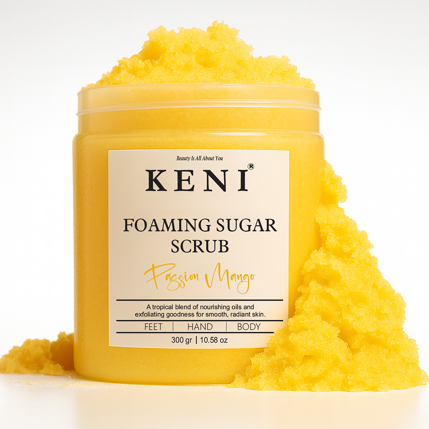 Keni Cosmetics Passion Mango Foaming Sugar Scrub – tropical exfoliating scrub combining passion fruit and mango aromas for refreshed skin