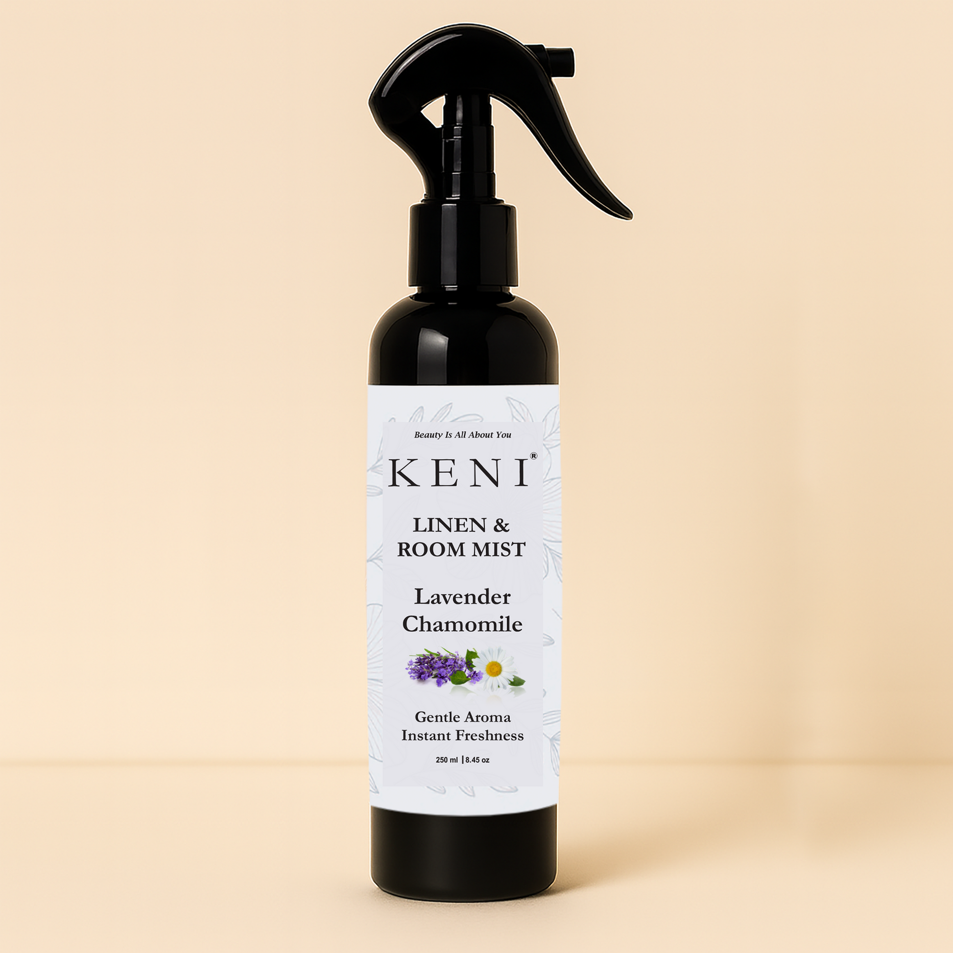 KENI Cosmetics Linen & Room Mist – Lavender Chamomile | Lebanese brand calming fragrance mist with relaxing floral and herbal notes for home and linens.