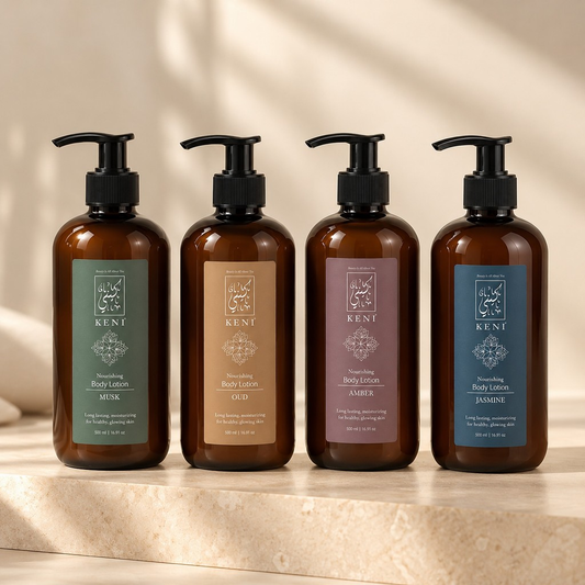 Full range of KENI Cosmetics body lotions in Amber, Musk, Oud and Jasmine scents