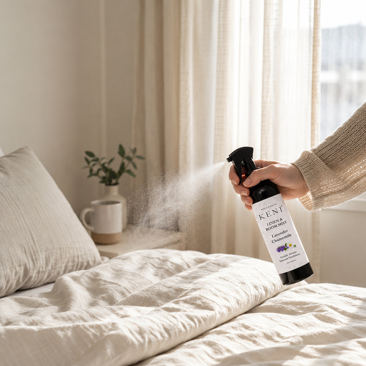 Spraying KENI Cosmetics Lavender Chamomile linen and room mist over a fresh white bed