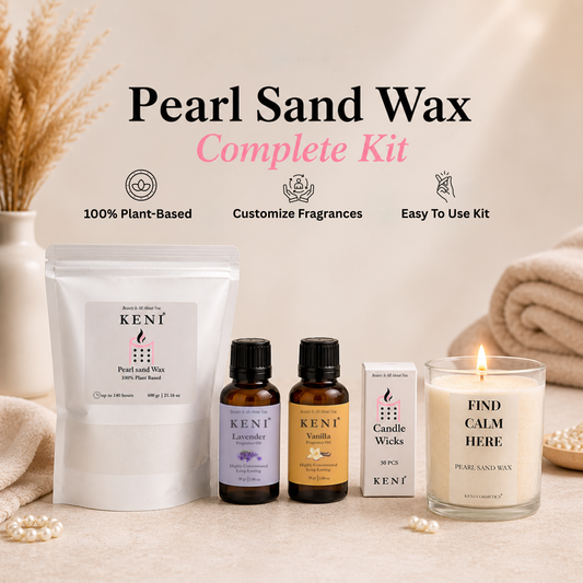 KENI Pearl Sand Wax Complete Kit with 600 g wax, Lavender and Vanilla fragrance oils, wicks and a lit glass jar candle