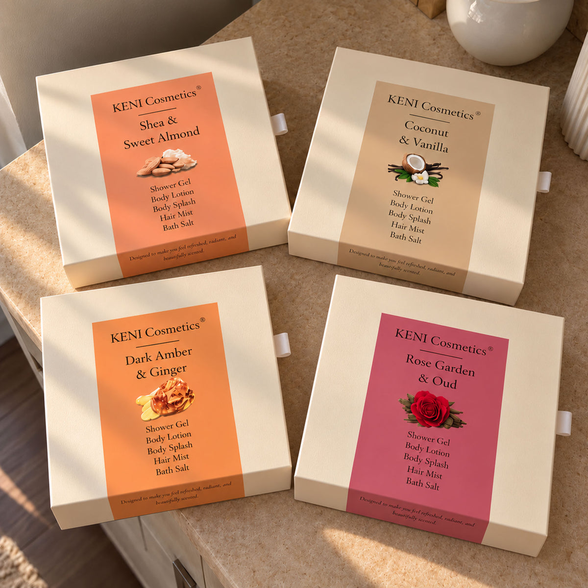 KENI Cosmetics travel set gift boxes in four scents on a sunlit counter, a Lebanon gift idea