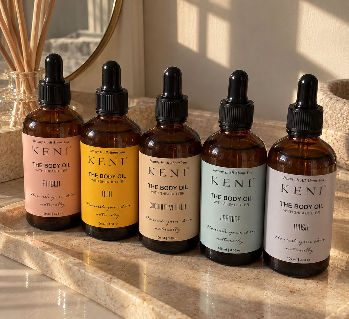 KENI Cosmetics body oils lineup, the free body oil included with the Signature Set