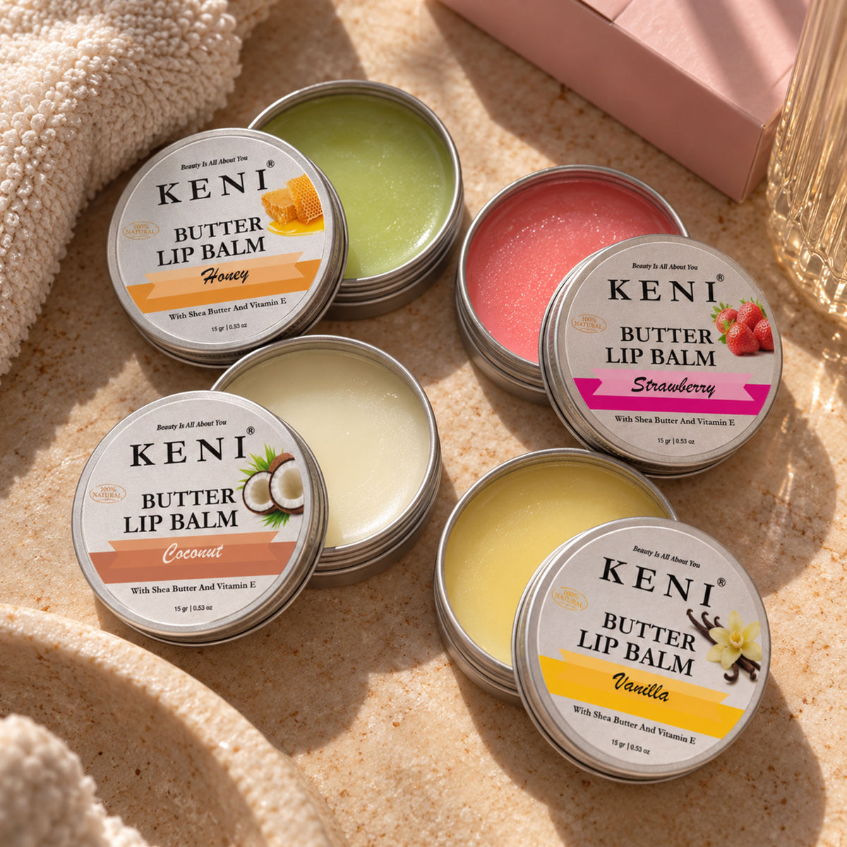Four KENI Cosmetics lip balms: Honey, Vanilla, Coconut and Strawberry