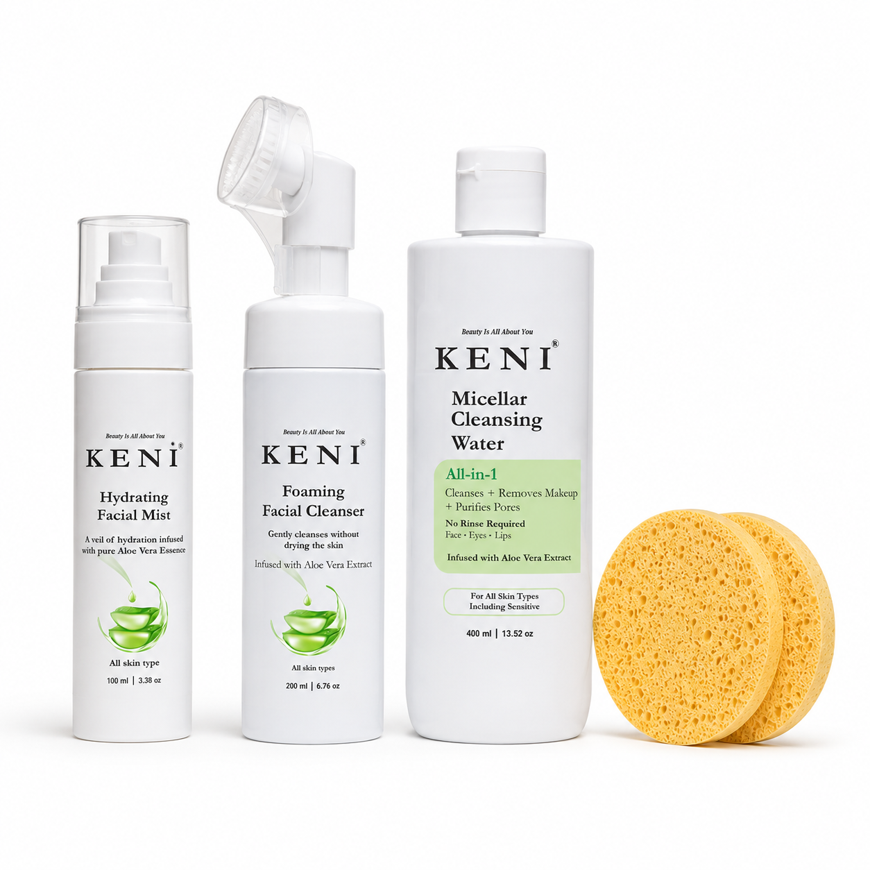 Keni skincare products including a facial mist, foaming cleanser, micellar water, and a sponge on a white background.