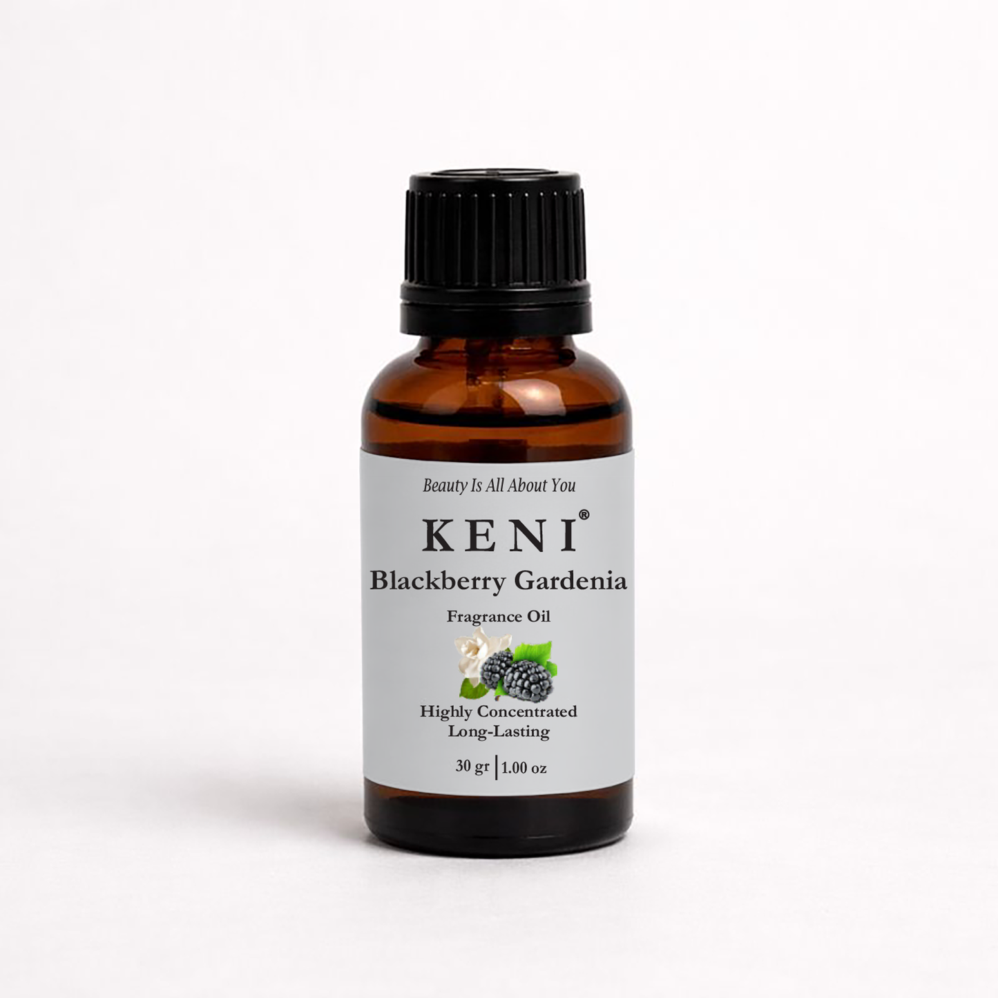 Blackberry Gardenia Fragrance Oil in an elegant amber bottle 