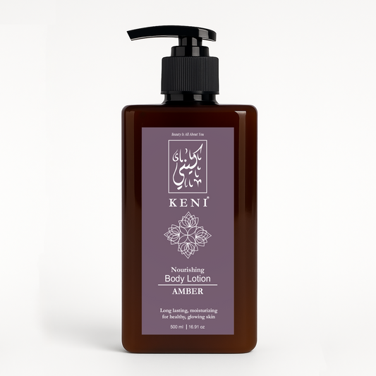 KENI Cosmetics Amber Body Lotion – deeply hydrating and nourishing body lotion in a sleek bottle, enriched with the warm, sensual amber fragrance, premium skincare product available in Lebanon