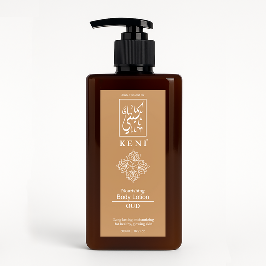KENI Cosmetics Oud Body Lotion – luxurious moisturizing body lotion in an elegant bottle, infused with the rich and woody aroma of oud, premium skincare product available in Lebanon