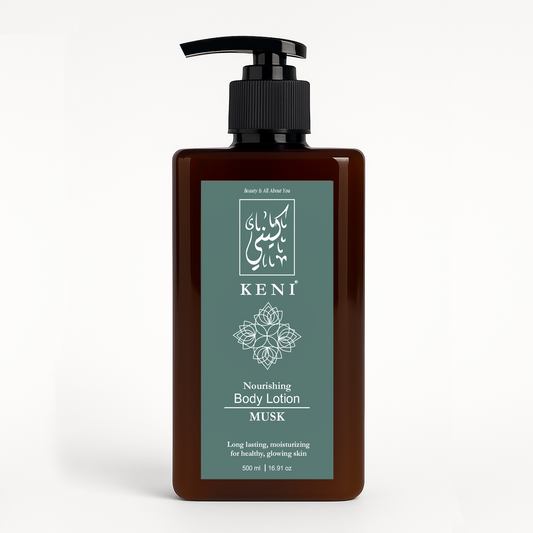 KENI Cosmetics Musk Body Lotion – hydrating and nourishing body lotion in an elegant bottle, infused with the soft and sensual musk fragrance, premium skincare product available in Lebanon