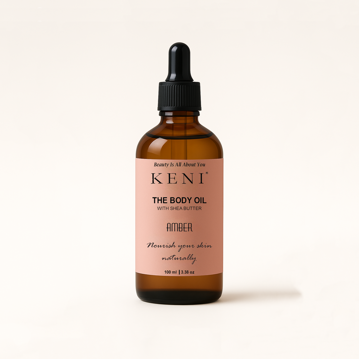KENI Cosmetics Amber Body Oil – luxurious skincare oil in a sleek glass bottle, enriched with the warm, sensual aroma of amber, premium body care product available in Lebanon
