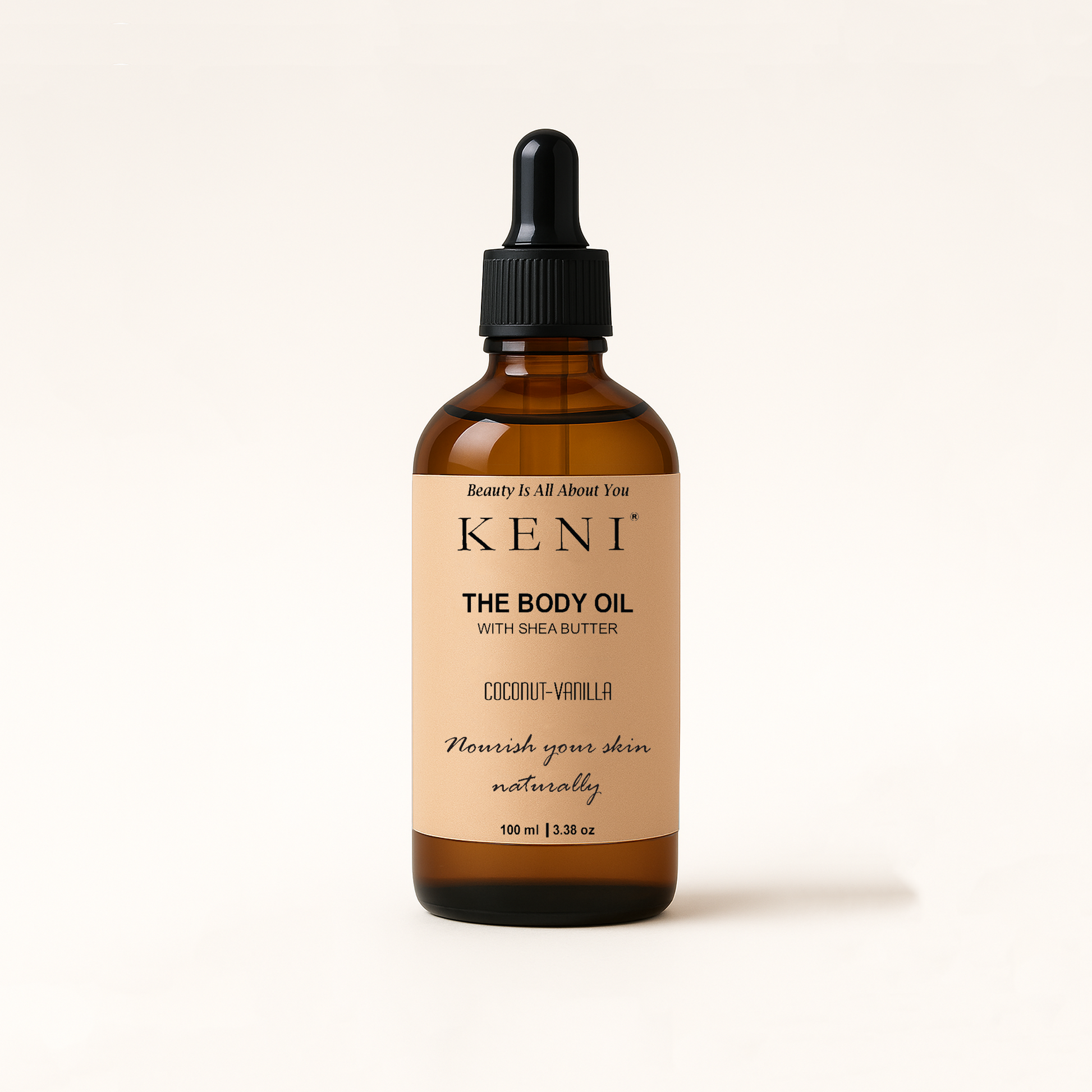 KENI Cosmetics Coconut & Vanilla Body Oil – nourishing body oil in a premium glass bottle, infused with tropical coconut and sweet vanilla scent, luxury skincare product available in Lebanon