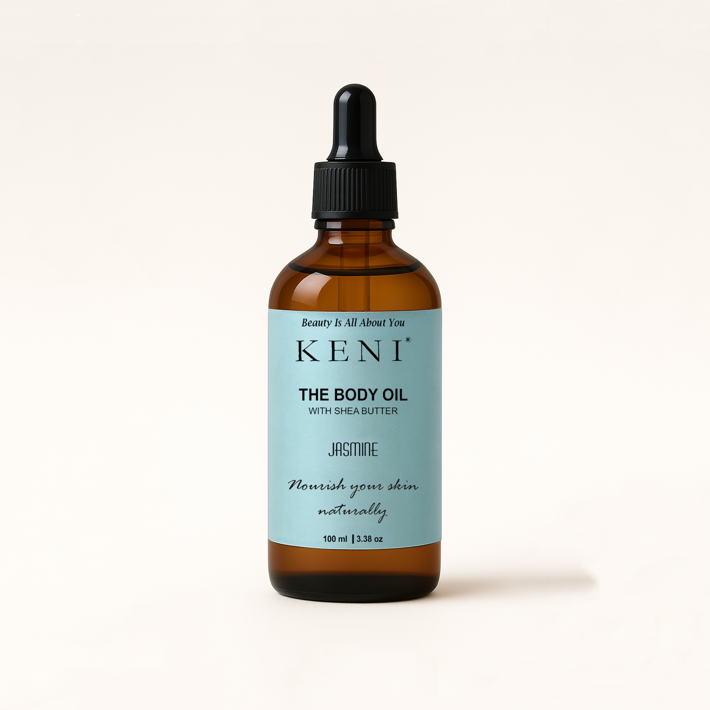 KENI Cosmetics Jasmine Body Oil in an elegant glass bottle, infused with the delicate floral scent of jasmine, displayed on a minimal backdrop to highlight its luxurious skincare appeal