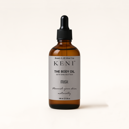 KENI Cosmetics Musk Body Oil in a sleek glass bottle, featuring the soft and sensual scent of musk, styled on a clean minimal backdrop to emphasize its luxurious skincare essence