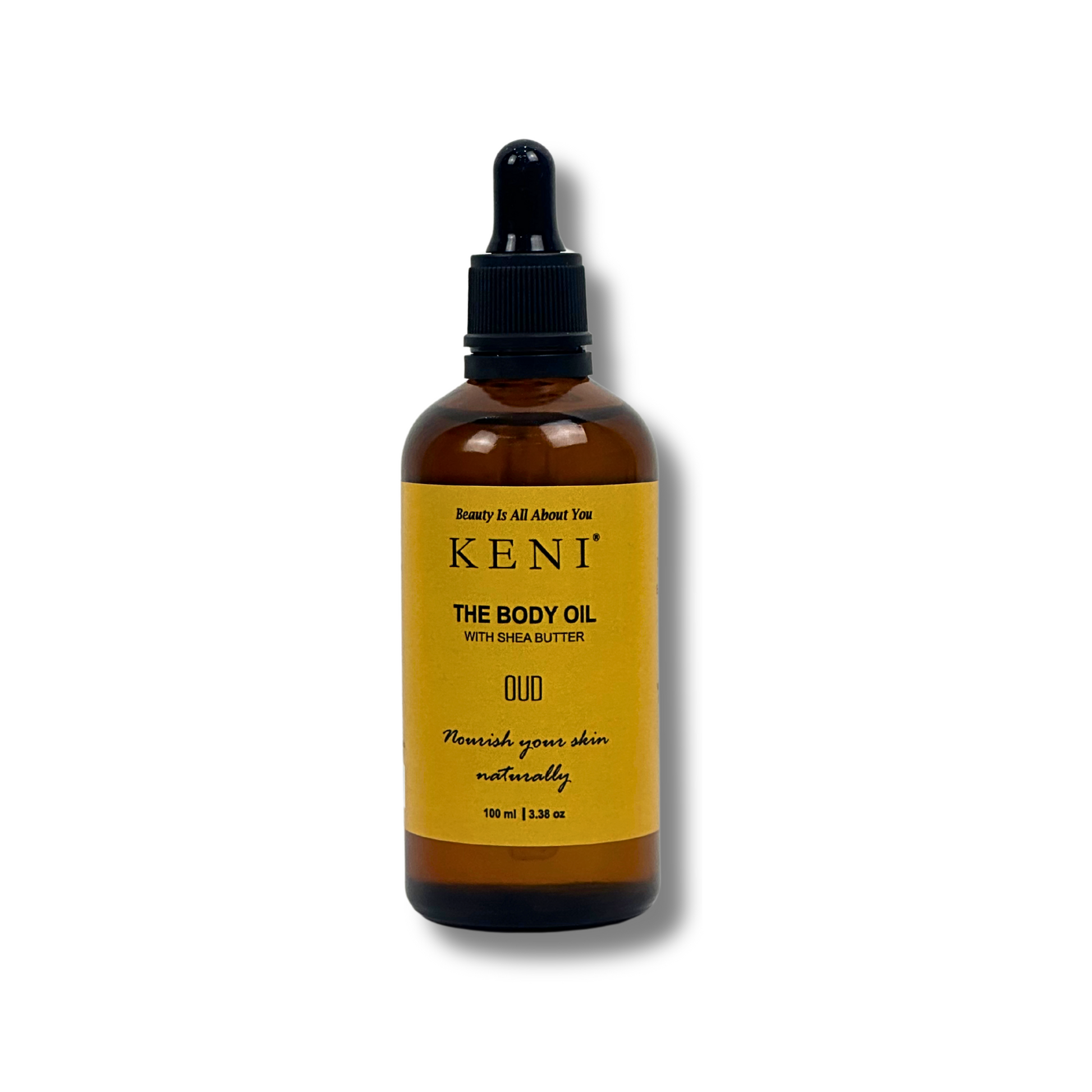 Keni Cosmetics Oud Body Oil – luxurious body oil infused with oud, offering rich moisture and exotic scent
