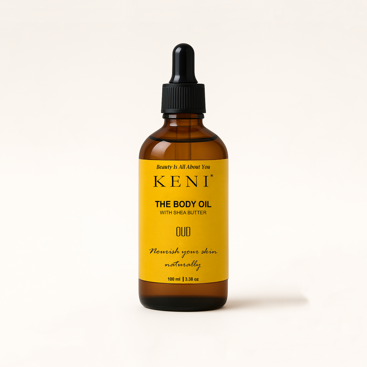 KENI Cosmetics Oud Body Oil in an elegant glass bottle with a sleek pump dispenser, infused with the rich, woody aroma of oud, photographed on a minimal backdrop to highlight its luxurious skincare appeal