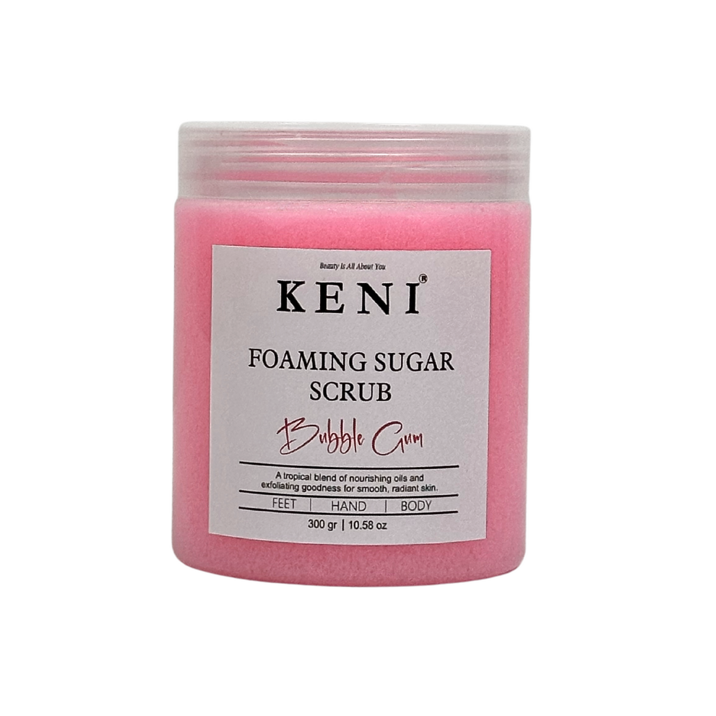 Keni Cosmetics Bubblegum Foaming Sugar Scrub – playful pink scrub with nostalgic bubblegum scent, perfect for a fun skincare routine