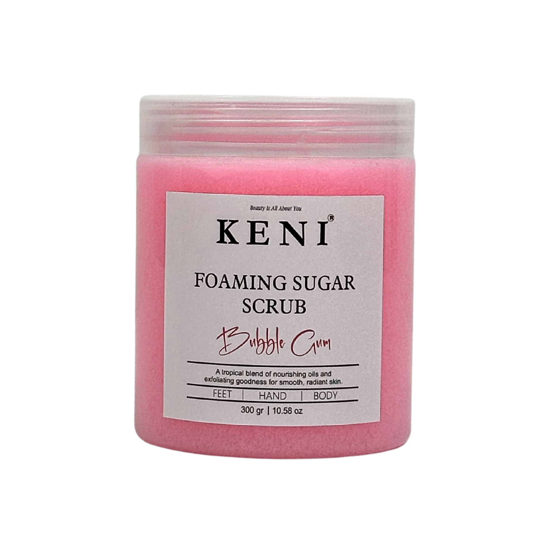 Keni Cosmetics Bubblegum Foaming Sugar Scrub – playful pink scrub with nostalgic bubblegum scent, perfect for a fun skincare routine