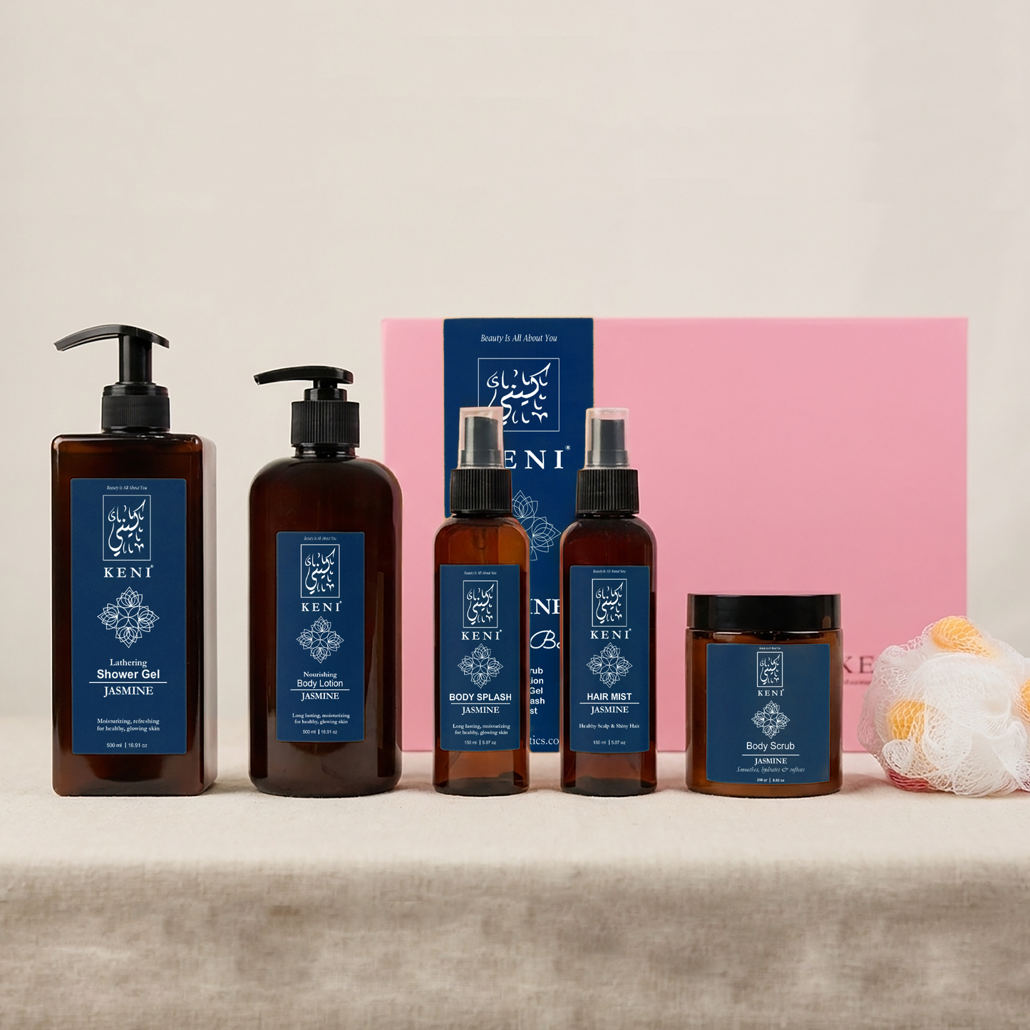 KENI Cosmetics Jasmine Set in Lebanon featuring body lotion, body scrub, hair mist, body splash, and shower gel — a refreshing jasmine-scented body care collection for soft, glowing skin.