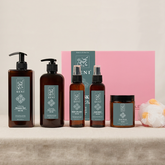 KENI Cosmetics Musk Set in Lebanon featuring body lotion, body scrub, hair mist, body splash, and shower gel — a soft, long-lasting musk body care collection for silky, radiant skin.