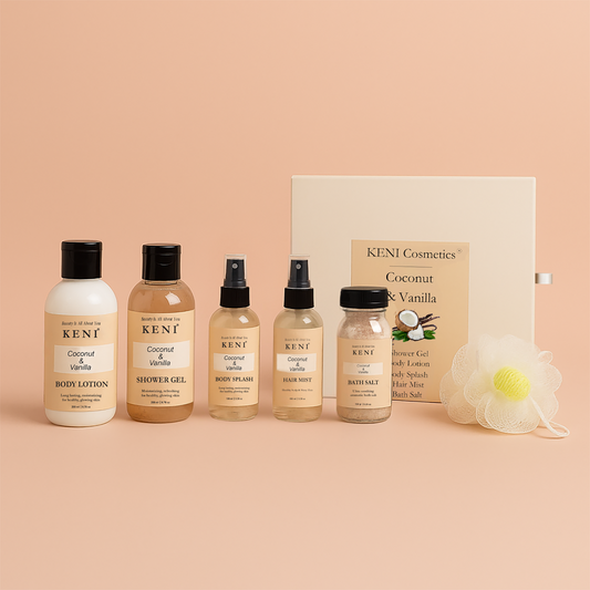 Keni Cosmetics Cooconut & Vanilla Set Moisturizing skincare collection with Coconut and Vanilla to hydrate and soothe skin in Lebanon