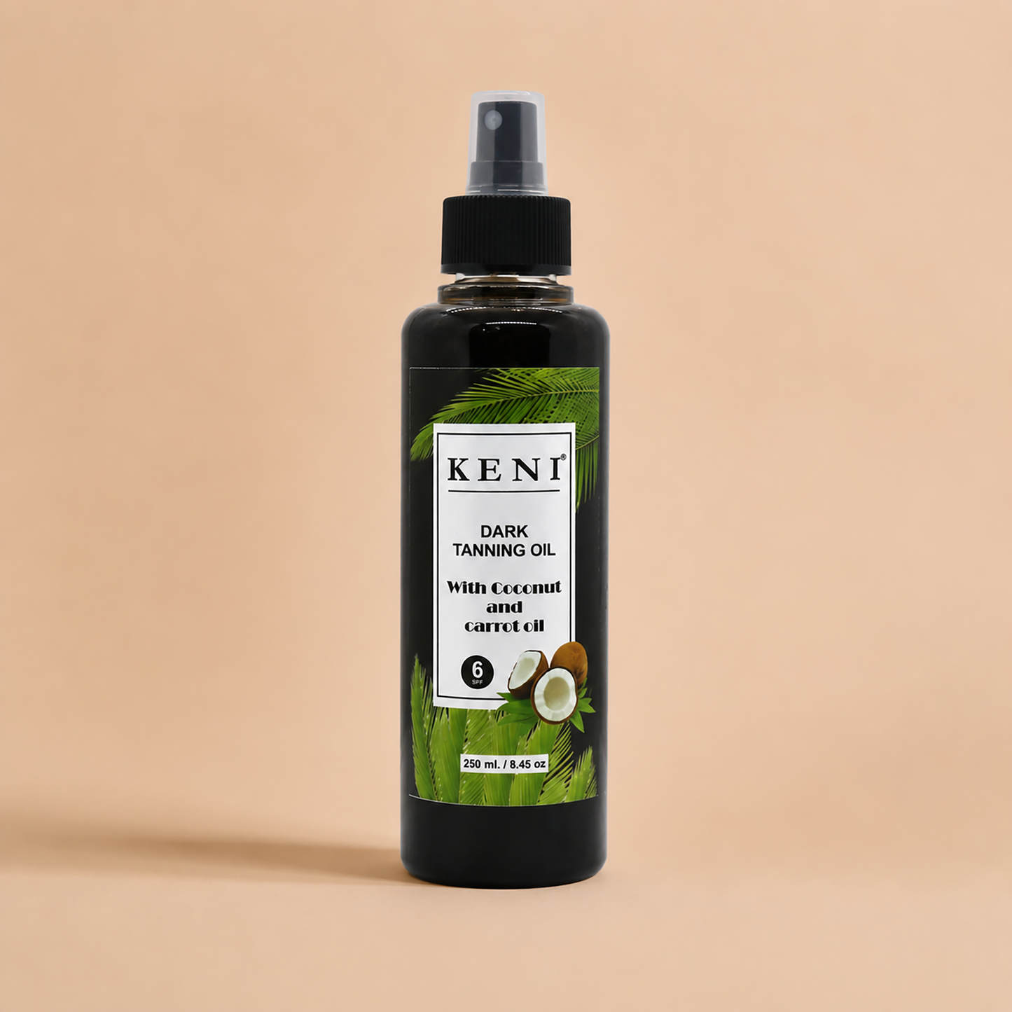 Keni dark tanning oil bottle with coconut and carrot oil on a beige background