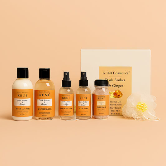 Keni Cosmetics Dark Amber & Ginger Set – invigorating skincare bundle blending dark amber and ginger aromas for a warm, spicy skincare ritual in Lebanon
