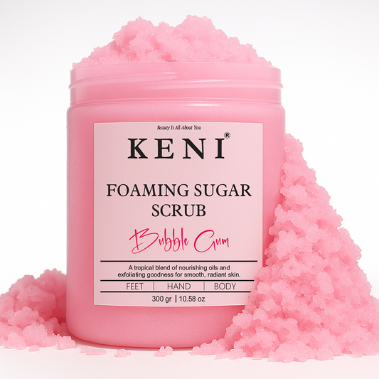 Keni Cosmetics Bubblegum Foaming Sugar Scrub – playful pink scrub with nostalgic bubblegum scent, perfect for a fun skincare routine
