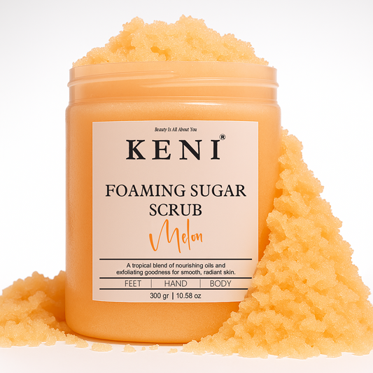 Keni Cosmetics Melon Foaming Sugar Scrub – invigorating green-tinted scrub offering a fresh melon fragrance for smooth skin.