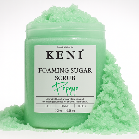 Keni Cosmetics Papaya Foaming Sugar Scrub – revitalizing body scrub infused with papaya essence to cleanse and brighten skin