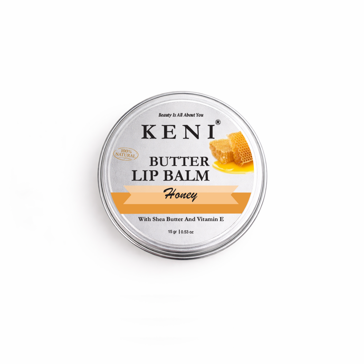 Keni Butter Lip Balm container with honey design on a white background