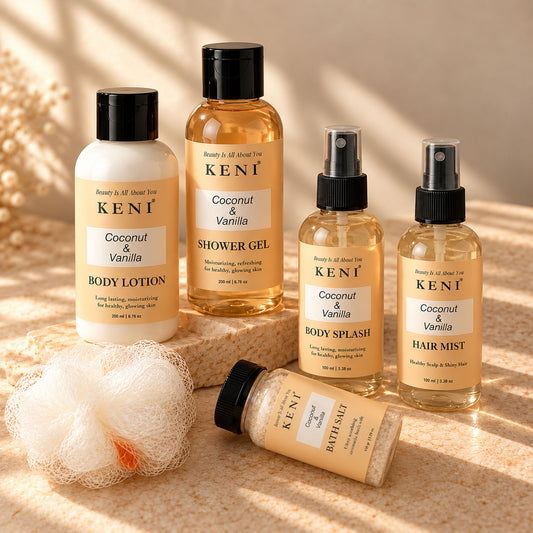KENI Cosmetics Coconut & Vanilla body lotion, shower gel, body splash, hair mist, bath salt and loofah
