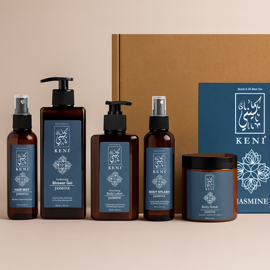 KENI Cosmetics Jasmine Set in Lebanon featuring body lotion, body scrub, hair mist, body splash, and shower gel — a refreshing jasmine-scented body care collection for soft, glowing skin.