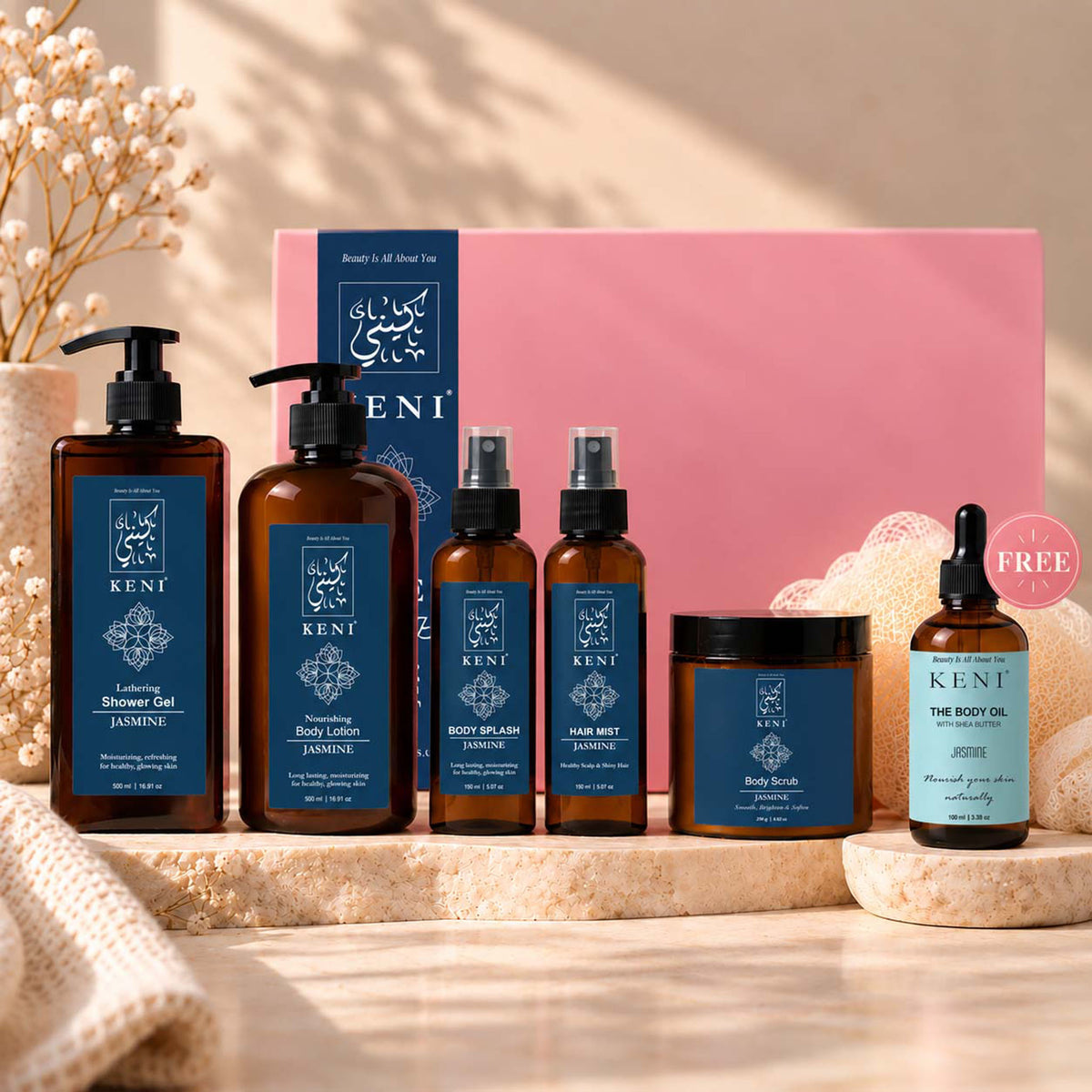 Jasmine scent from the KENI Cosmetics Signature Set collection, styled still life