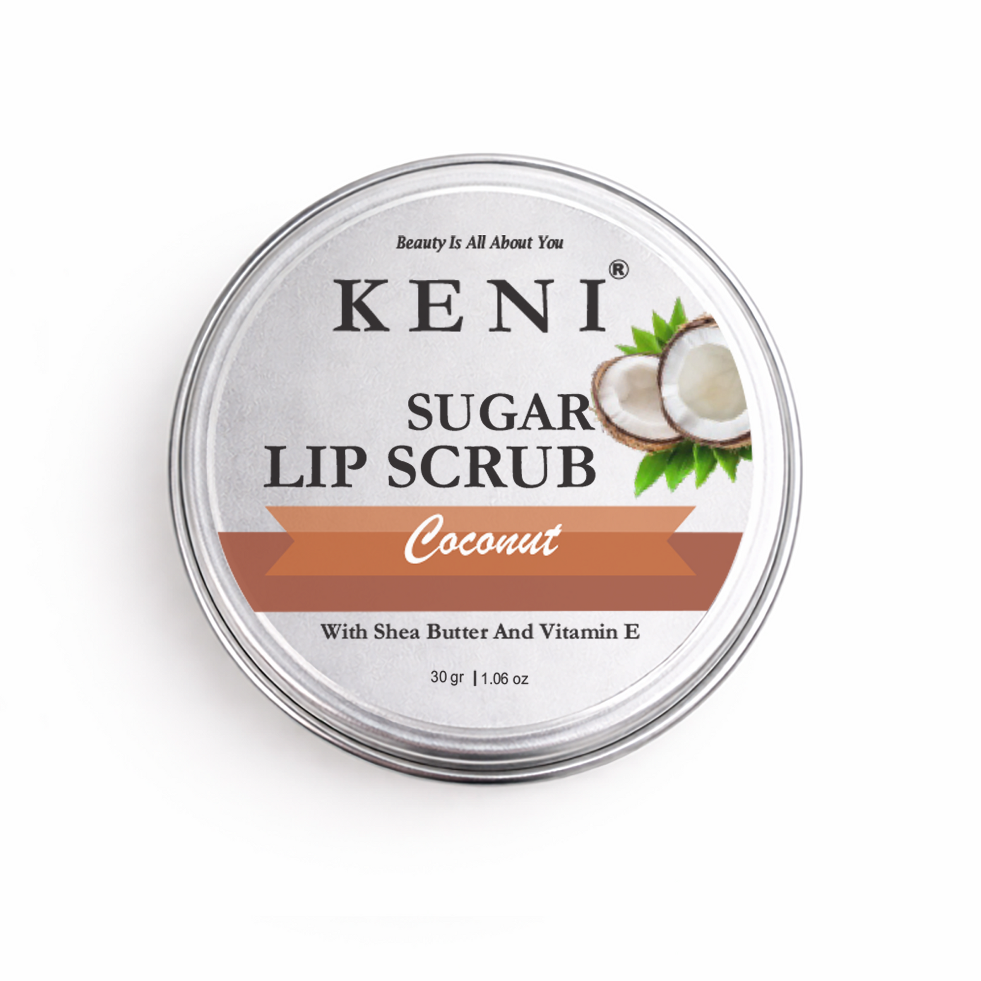 Keni Sugar Lip Scrub container with coconut illustration on a white background