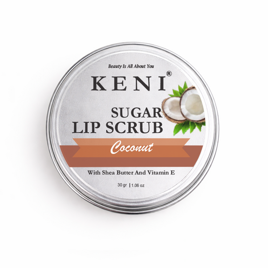 Keni Sugar Lip Scrub container with coconut illustration on a white background