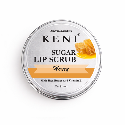 Keni Sugar Lip Scrub container with honey theme on a white background