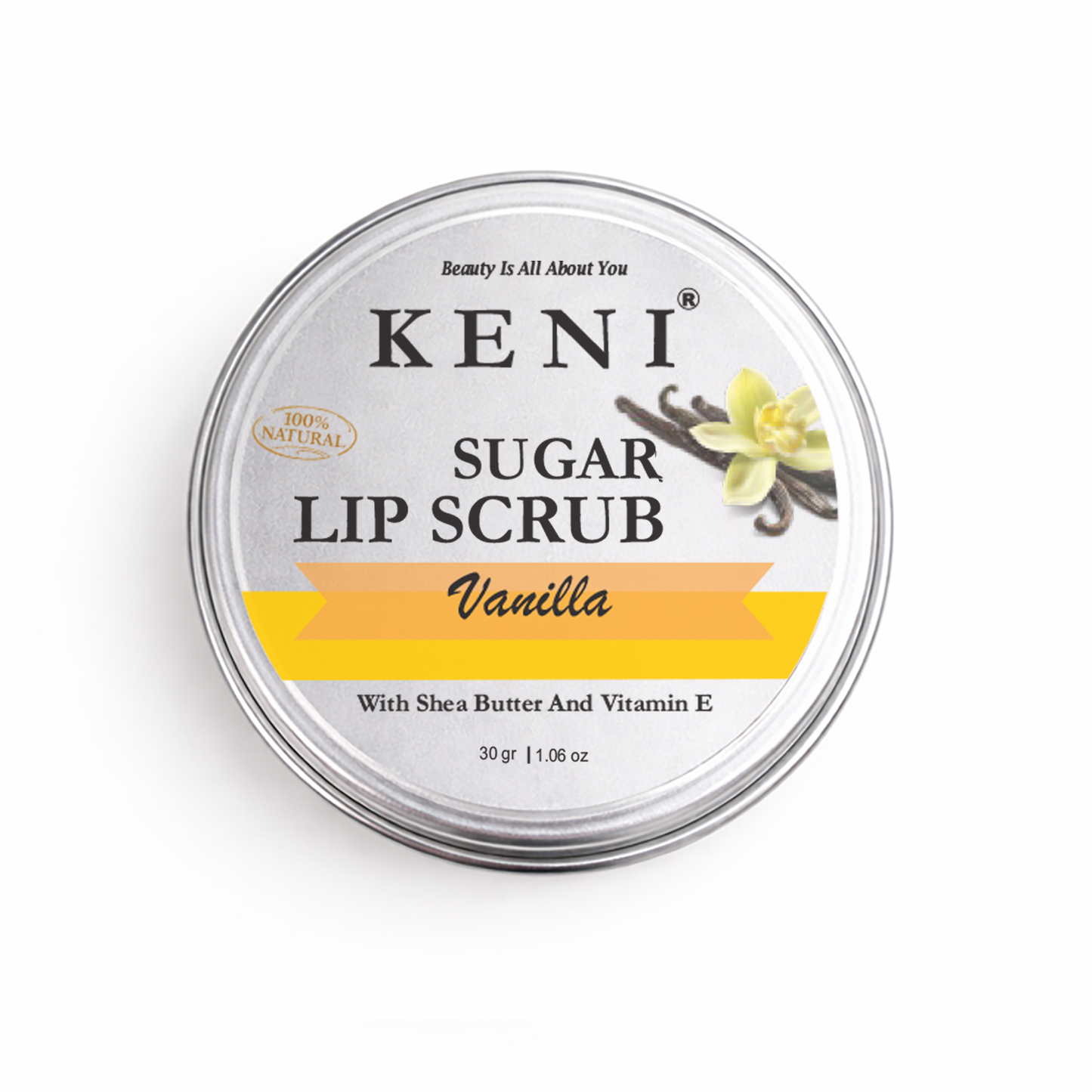 Keni Sugar Lip Scrub container with vanilla flavor on a white background