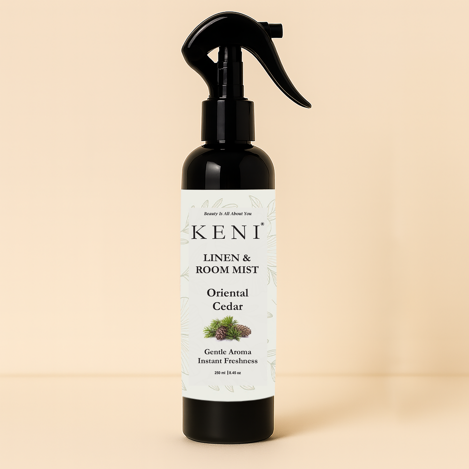 KENI Cosmetics Linen & Room Mist – Oriental Cedar | Lebanese brand warm woody fragrance mist with cedar notes for home and linens.