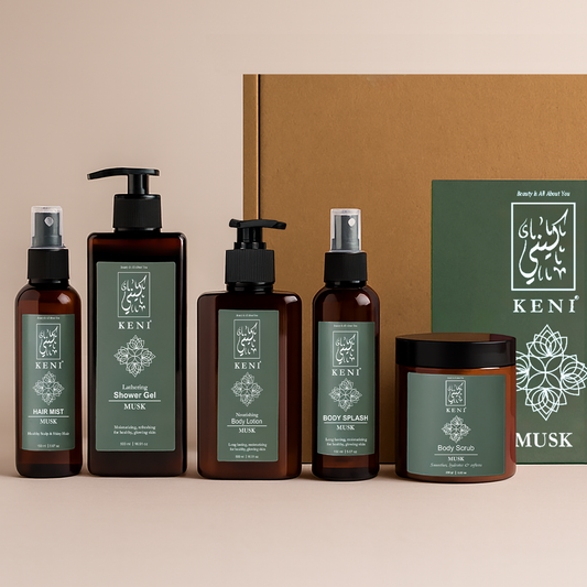 KENI Cosmetics Musk Set in Lebanon featuring body lotion, body scrub, hair mist, body splash, and shower gel — a soft, long-lasting musk body care collection for silky, radiant skin.
