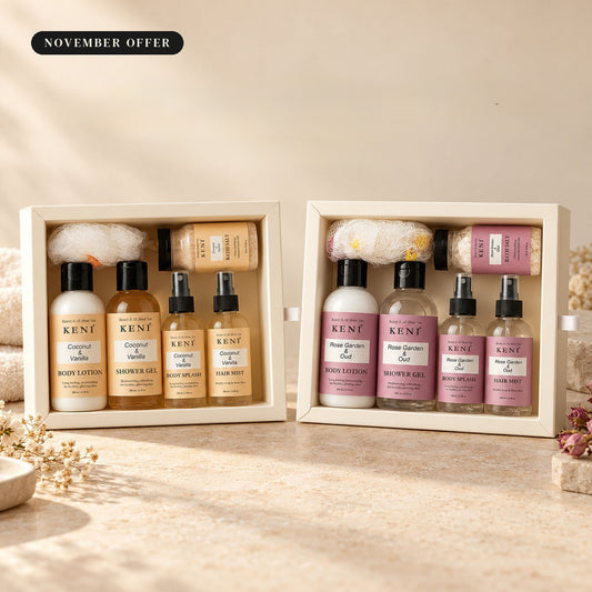 Two open KENI Cosmetics gift boxes, Coconut & Vanilla and Rose Garden & Oud, with lotion, gel, splash, mist and bath salt
