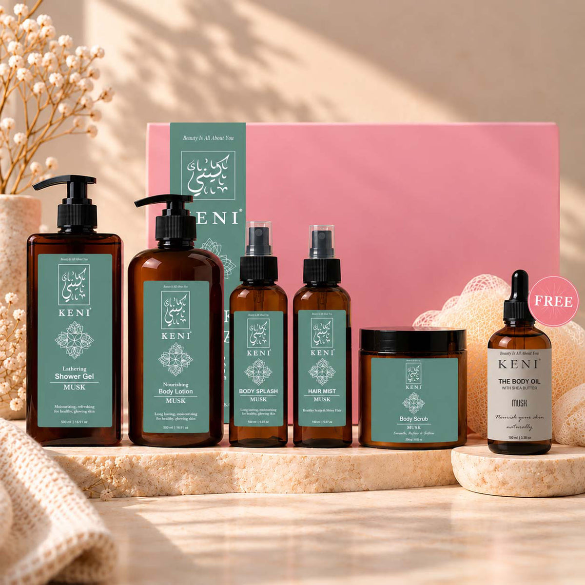 Musk Signature Set from KENI Cosmetics shown as a beauty still life