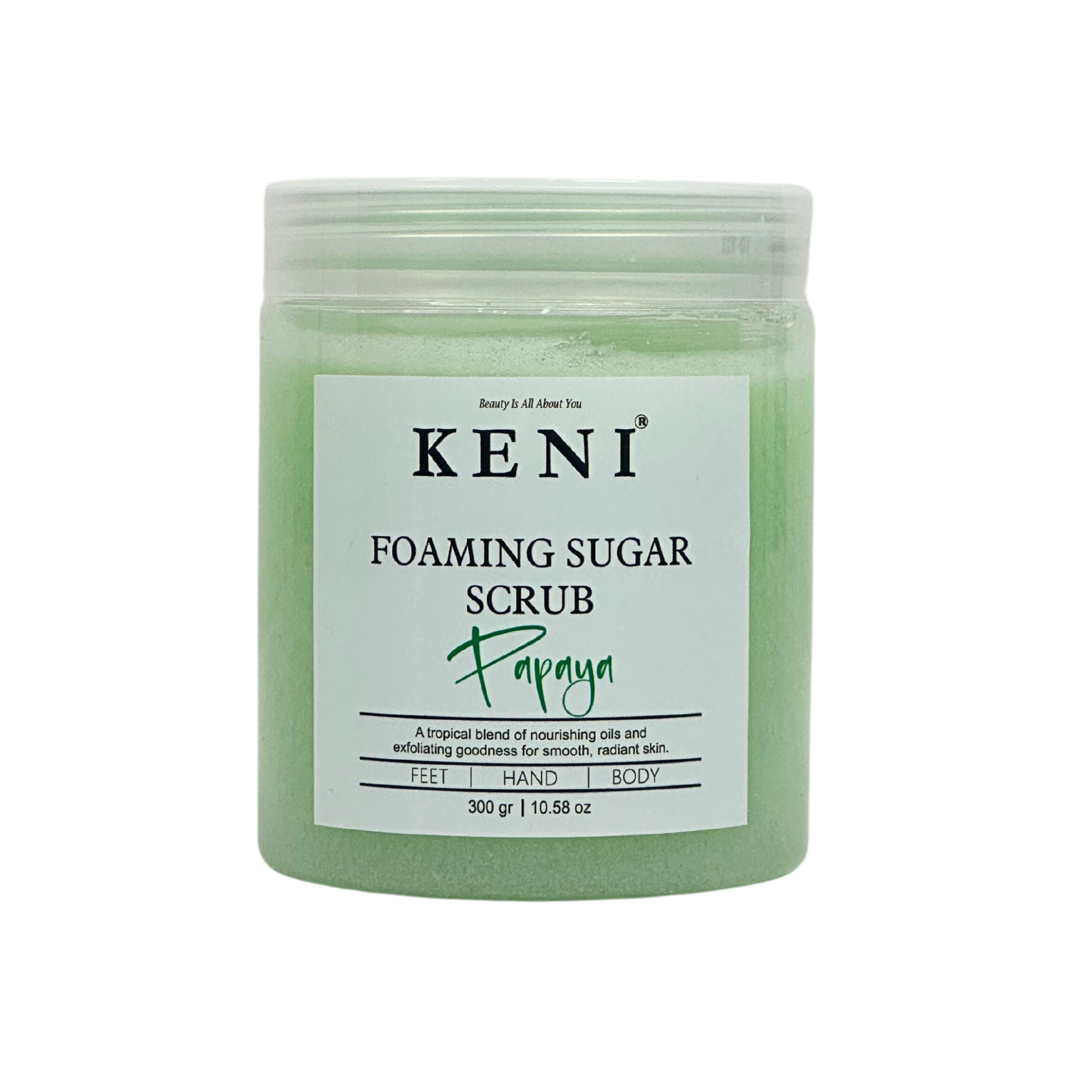 Keni Cosmetics Papaya Foaming Sugar Scrub – revitalizing body scrub infused with papaya essence to cleanse and brighten skin