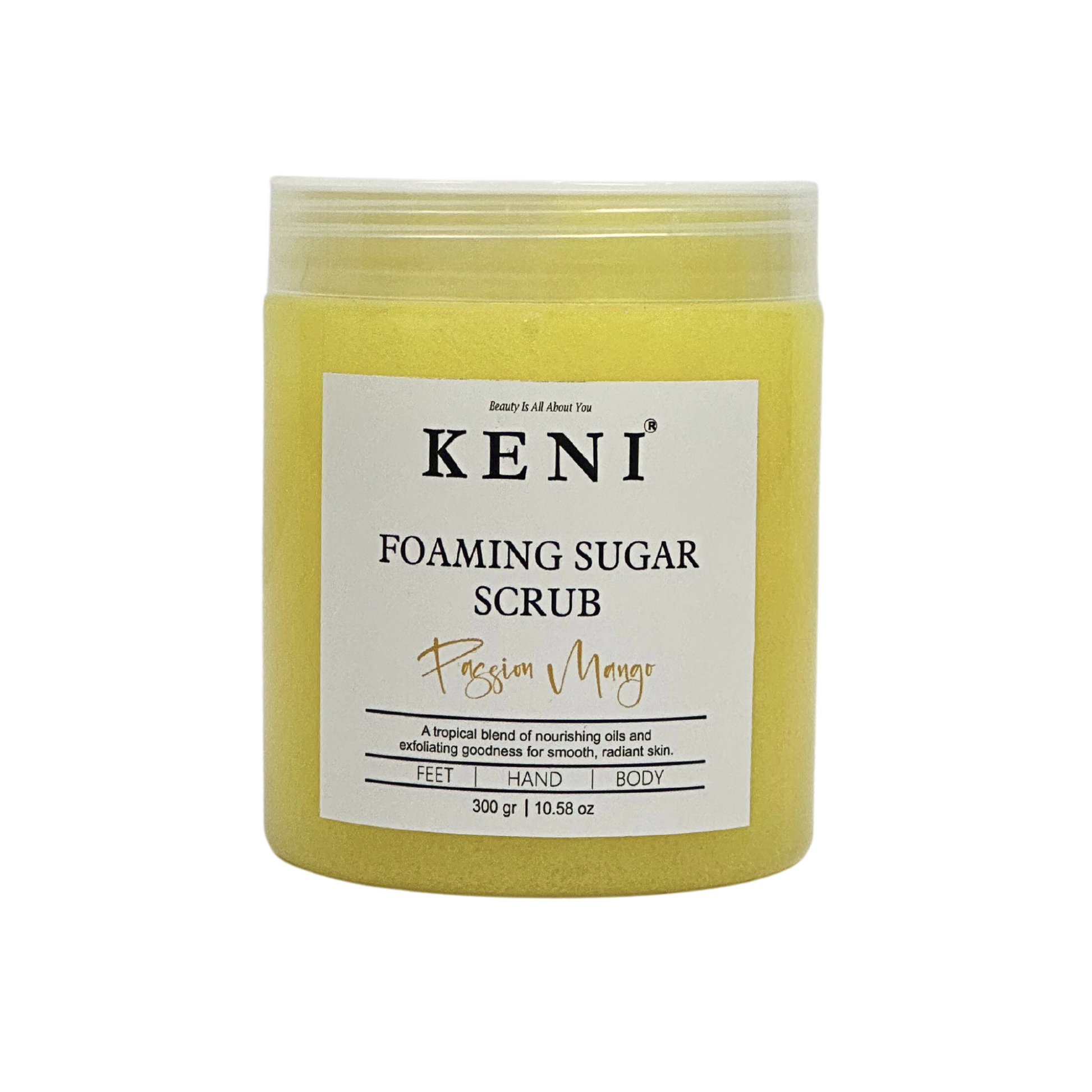 Keni Cosmetics Passion Mango Foaming Sugar Scrub – tropical exfoliating scrub combining passion fruit and mango aromas for refreshed skin