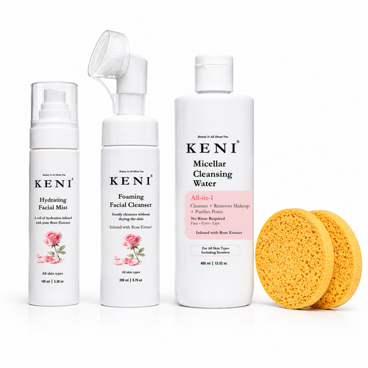 Keni skincare products including micellar water, facial mist, cleanser, and sponges on a white background