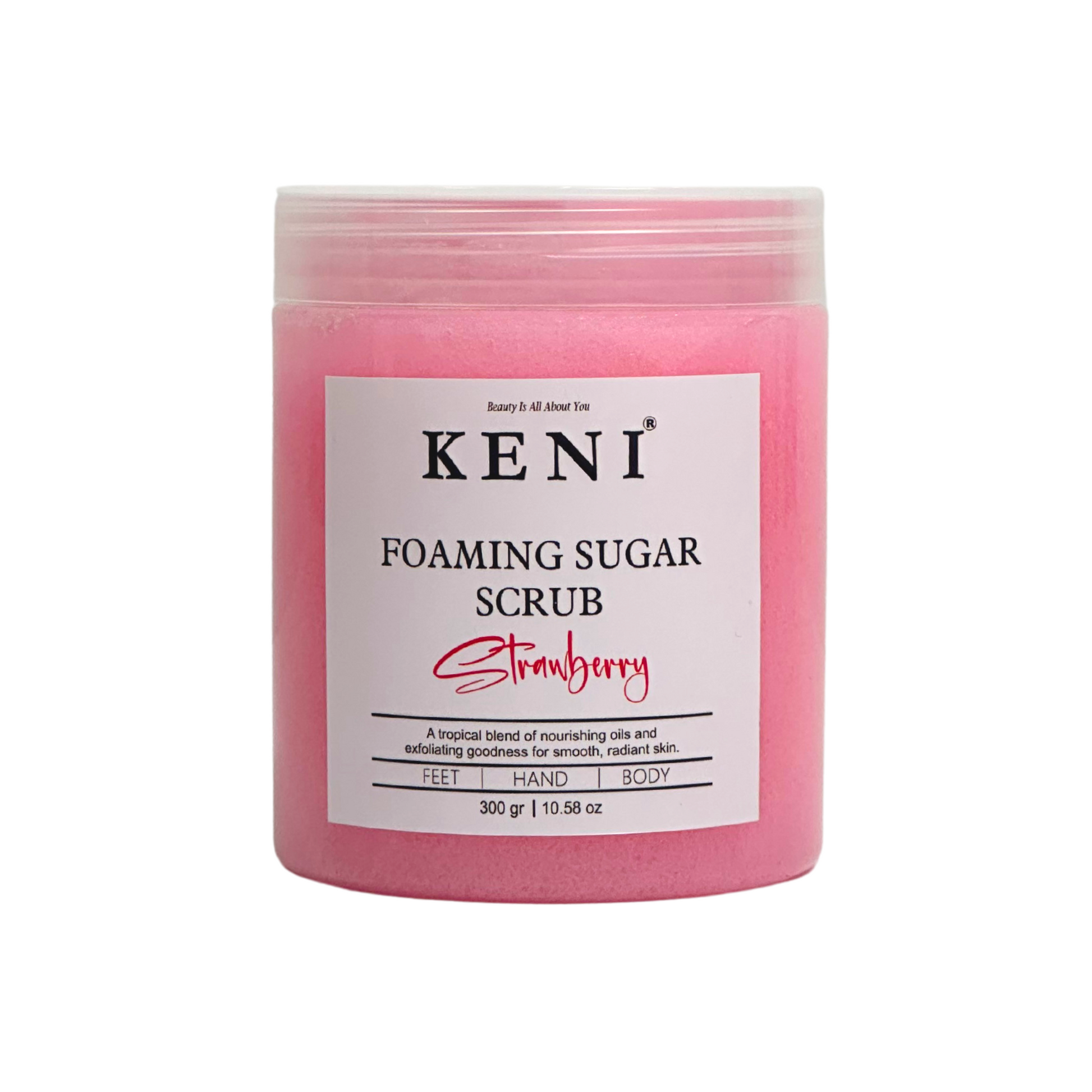 Keni Cosmetics Strawberry Foaming Sugar Scrub – exfoliating body scrub with a sweet strawberry scent, ideal for smooth, radiant skin in Lebanon