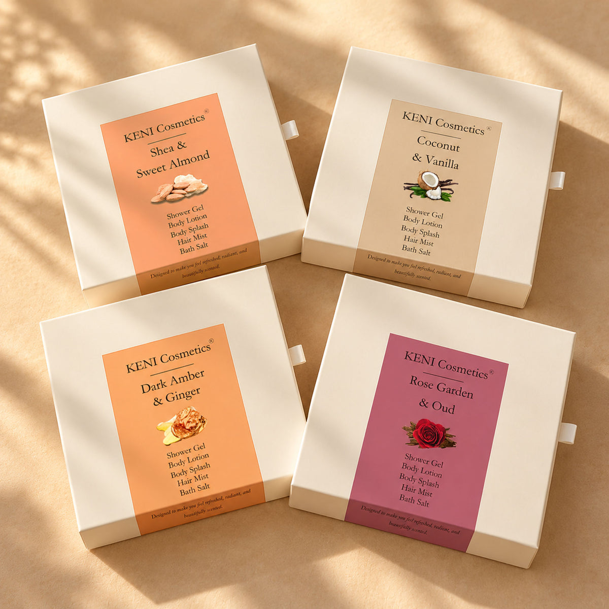 Four KENI Cosmetics gift boxes: Shea & Sweet Almond, Coconut & Vanilla, Dark Amber & Ginger, Rose Garden & Oud