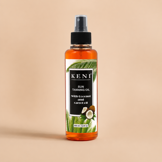 Bottle of KENI sun tanning oil with coconut and carrot oil on a beige background